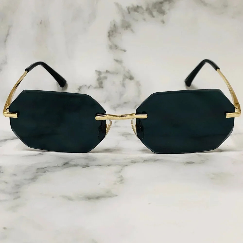 Men Sunglasses Dark Black Lens‎ Rimless Fashion Retro Shades Gold Metal Lentes